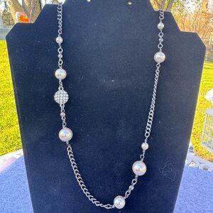 J. Crew Long Black With Gray Pearl- And Crystal Accent Necklace
